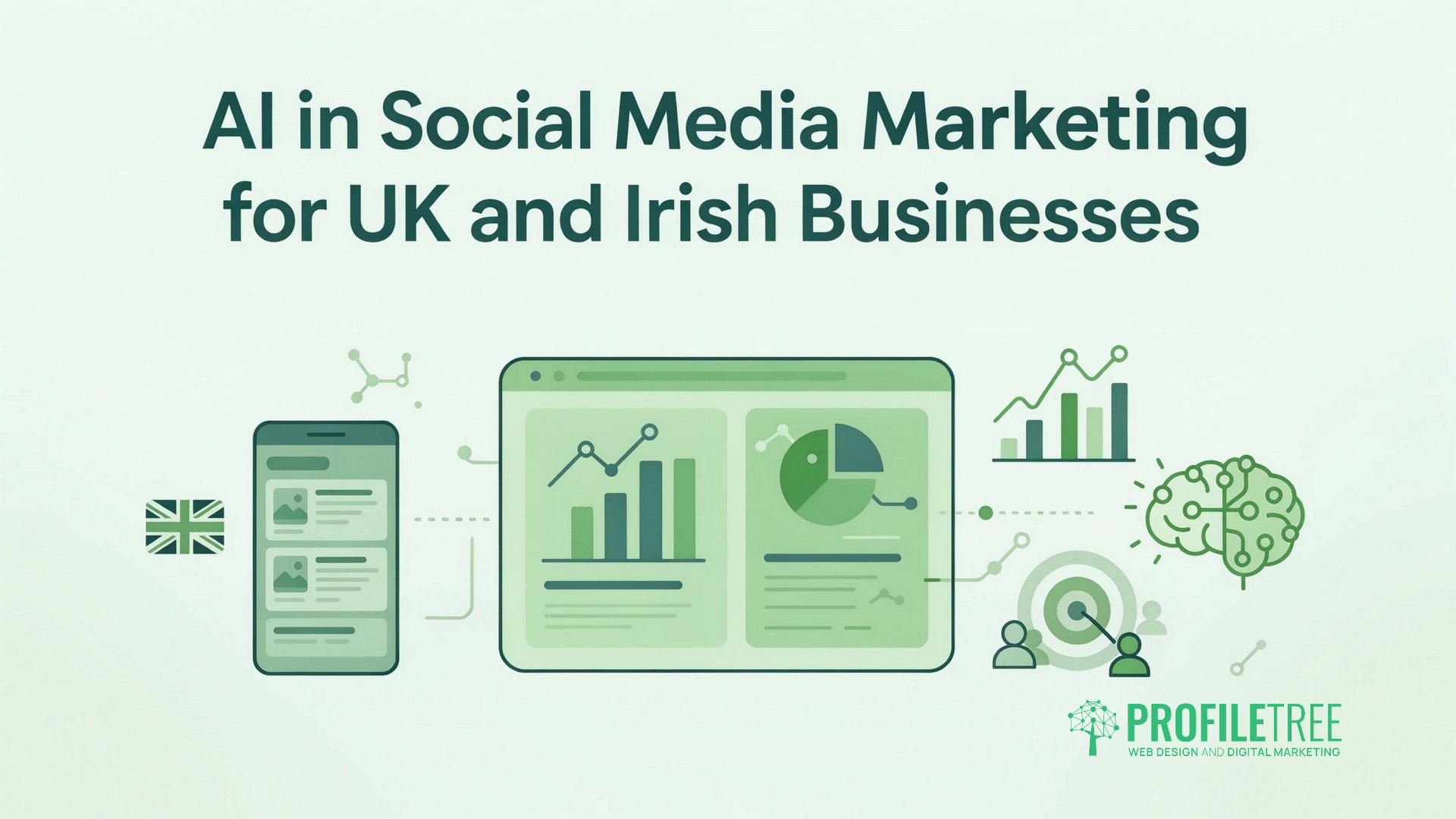 AI in social media marketing for UK and Irish businesses, illustrated through AI-powered content creation, audience analytics, targeted campaigns and social media engagement.