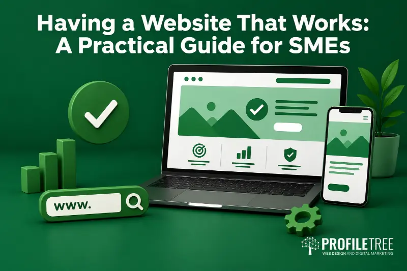 Having a Website That Works A Practical Guide for SMEs: A laptop and smartphone display a website. Surrounding them are icons, including a tick, gear, and search bar—highlighting essential tools for SMEs looking to boost their online presence with effective SEO. Text reads, Having a Website That Works: A Practical Guide for SMEs. ProfileTree logo at the bottom.