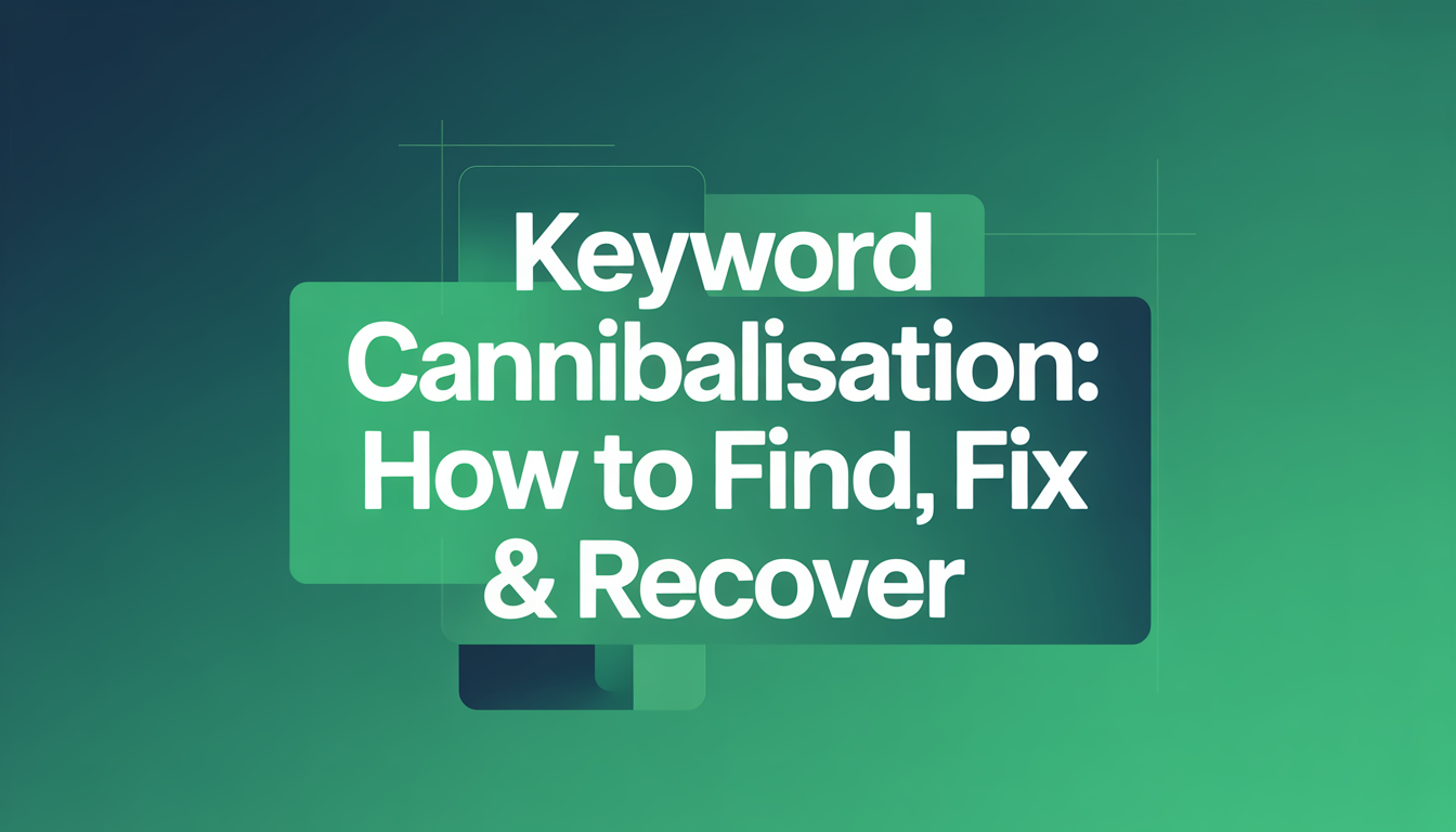 White text on a green gradient background reads: Keyword Cannibalisation: How to Find, Fix & Recover, with overlapping rectangular shapes behind the text—ideal for those seeking to boost SEO performance.