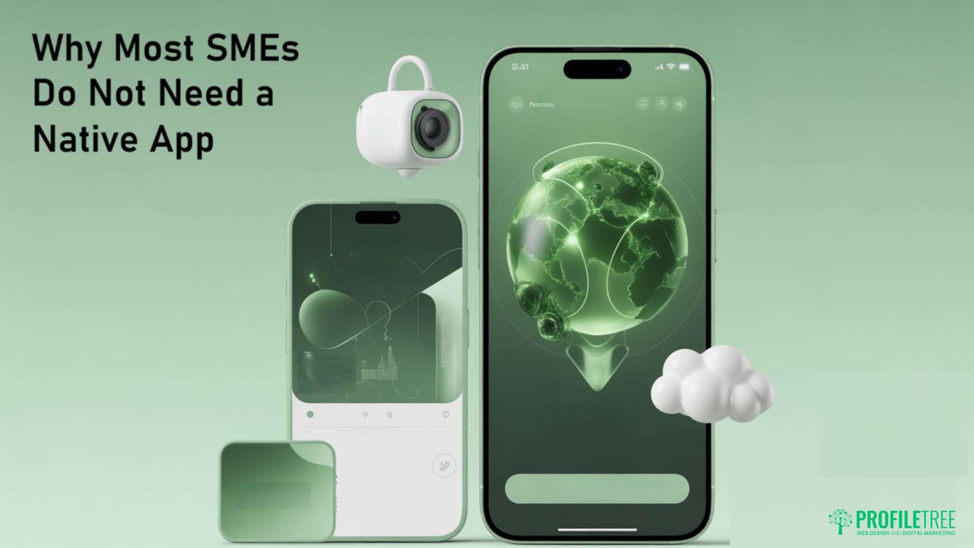 Two smartphones displaying digital green globe graphics stand next to a floating cloud and camera on a green background, highlighting Mobile Commerce. Text reads, Why Most SMEs Do Not Need a Native App. Profilfree logo appears bottom right-hand corner.