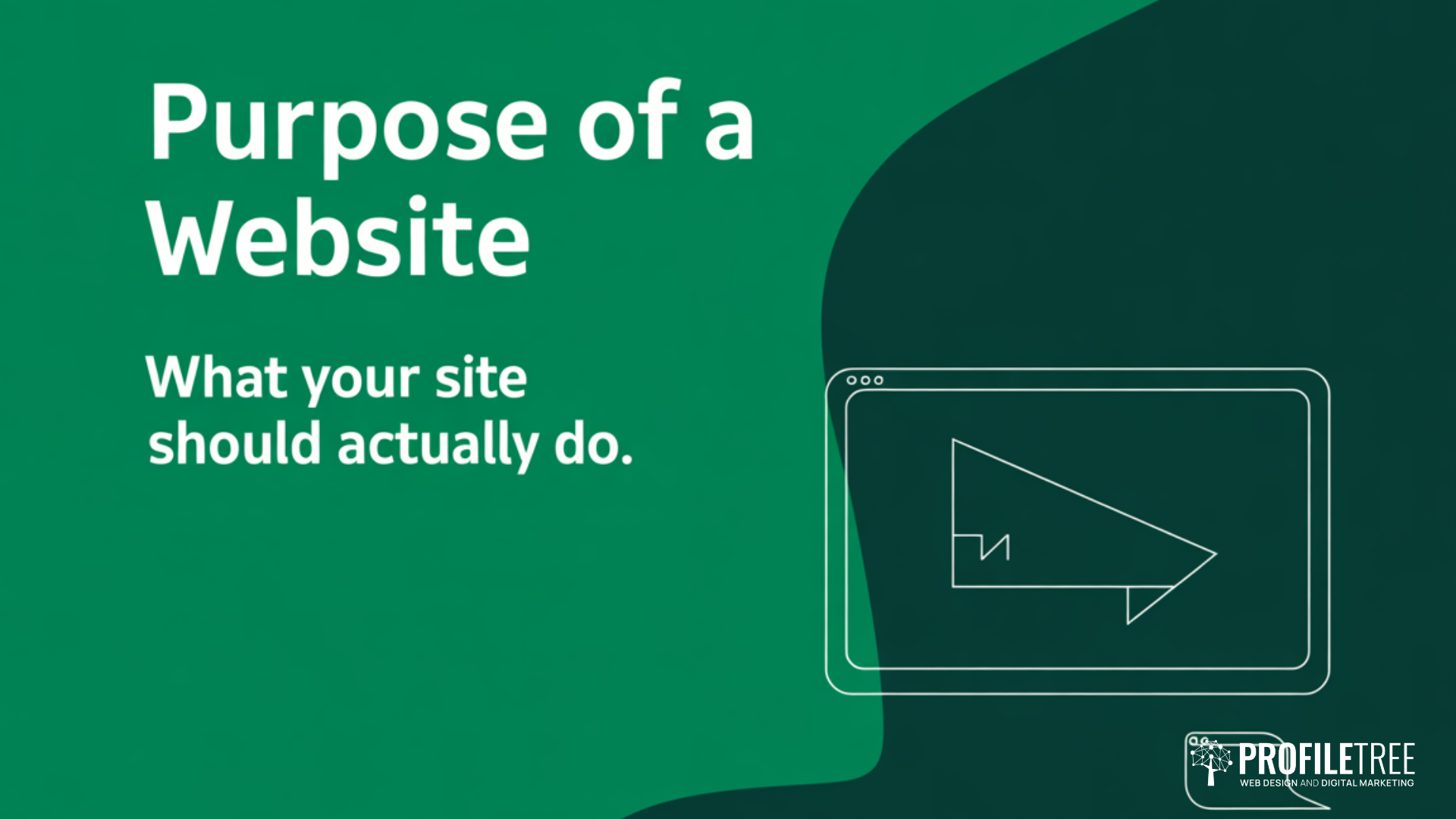 Green graphic with text Purpose of a Website: Discover what your website should actually do, beside a simple browser window illustration and the ProfileTree logo in the corner.
