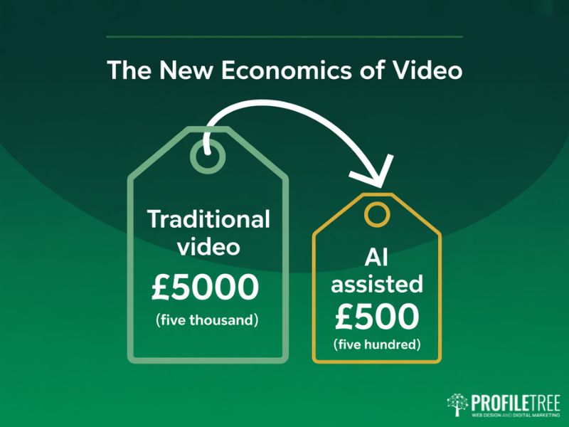 Cost comparison graphic showing how AI in Video Marketing reduces production cost from five thousand pounds to under five hundred for SMEs
