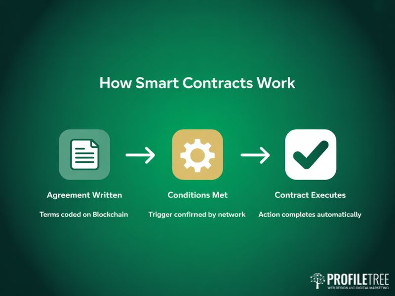 Blockchain Beyond Cryptocurrency smart contract process shown as a three step flat vector flow from agreement to automatic execution