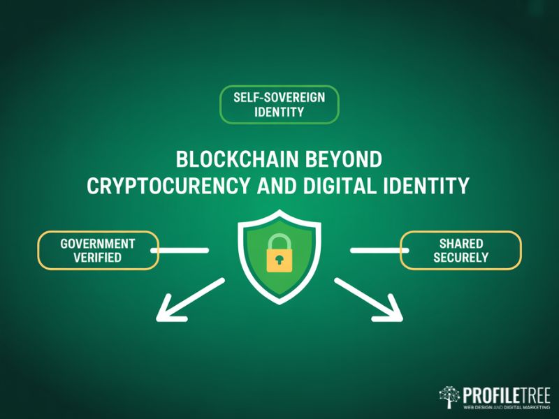 Blockchain Beyond Cryptocurrency digital identity model showing a self-sovereign shield connected to government verification and secure sharing