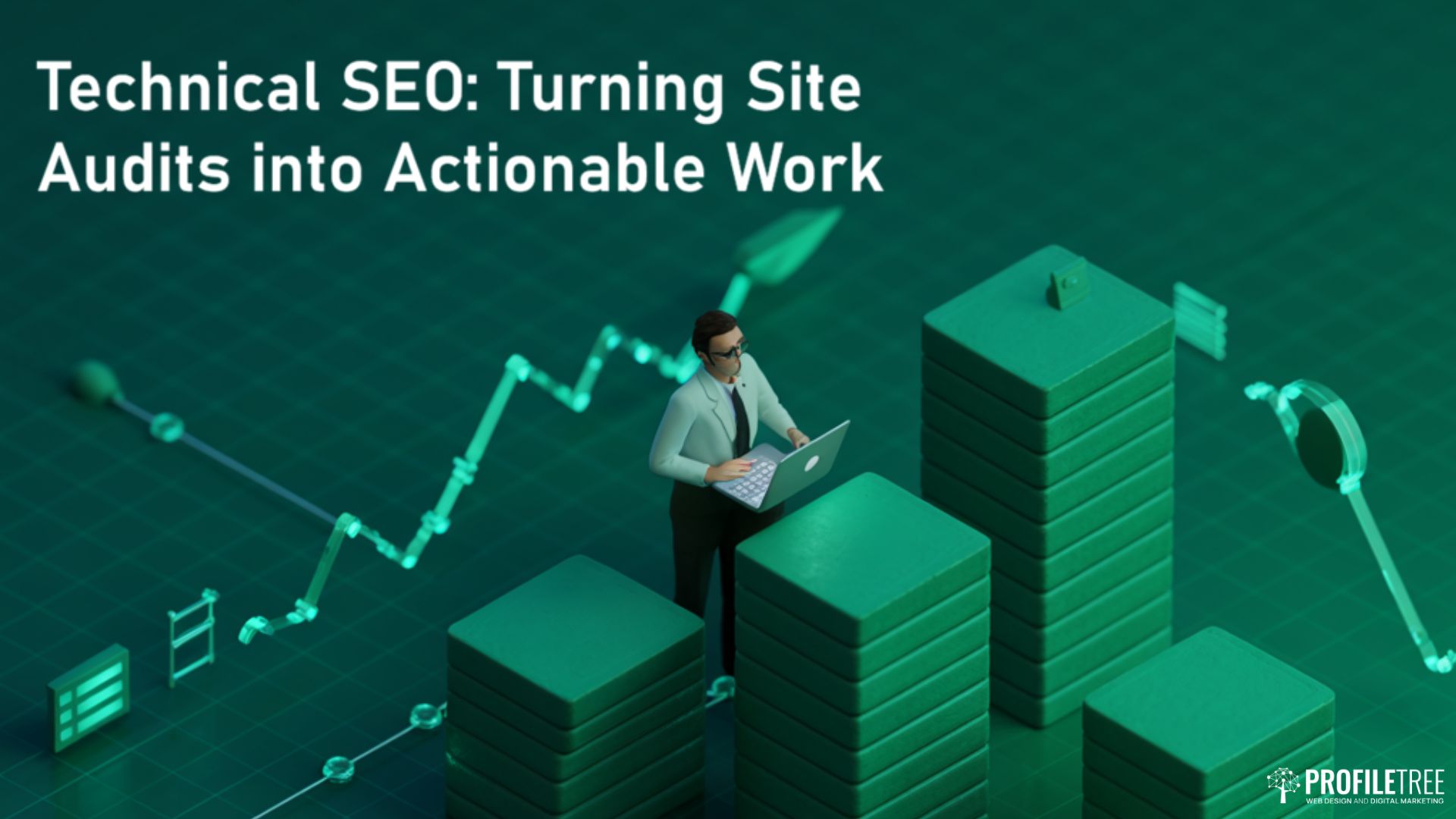 A 3D illustration of a person with a laptop stands on stacked green columns resembling server towers, with upward trending graphs in the background. Text reads: Technical SEO: Leveraging Moz to Turn Site Audits into Actionable Work.