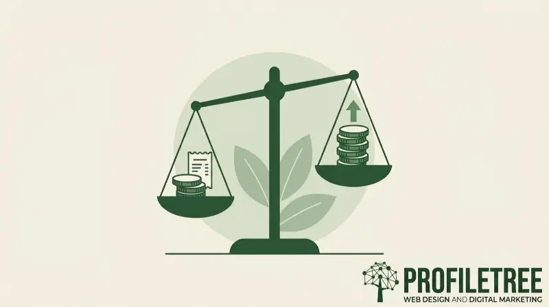 Small business consultation: A balance scale with coins and a receipt on one side and a rising stack of coins on the other, representing small business consultation, with the ProfileTree logo in the corner.