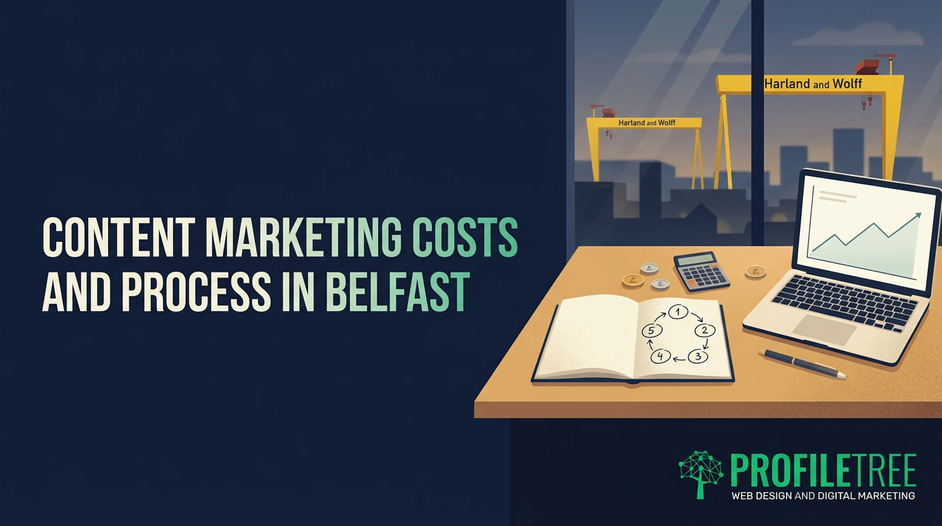 A laptop showing a line graph, a notebook with a five-step process, a calculator, and coins on a desk overlooking Harland and Wolff cranes, representing the costs and process of Belfast content marketing.