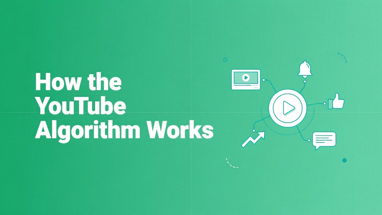Flat vector banner explaining how the YouTube algorithm ranks videos for UK small business channels