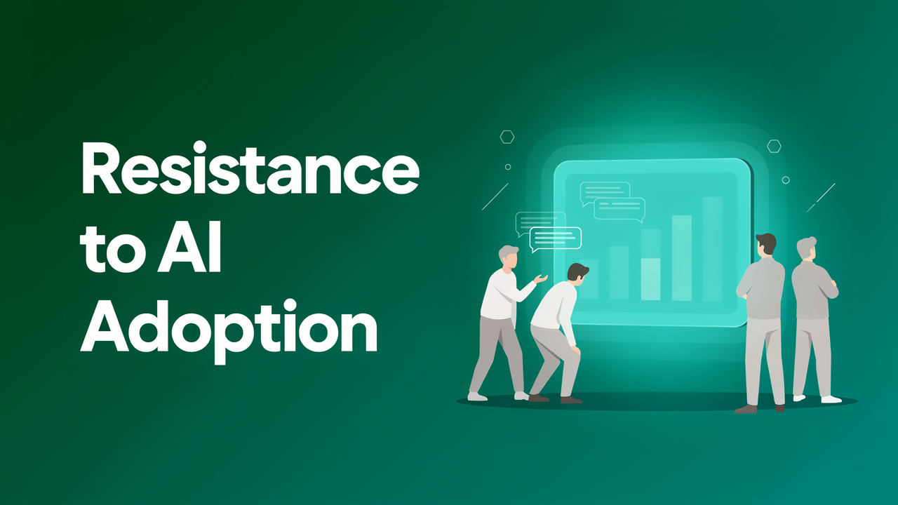 Resistance to AI adoption banner with flat vector office team beside a large AI dashboard screen