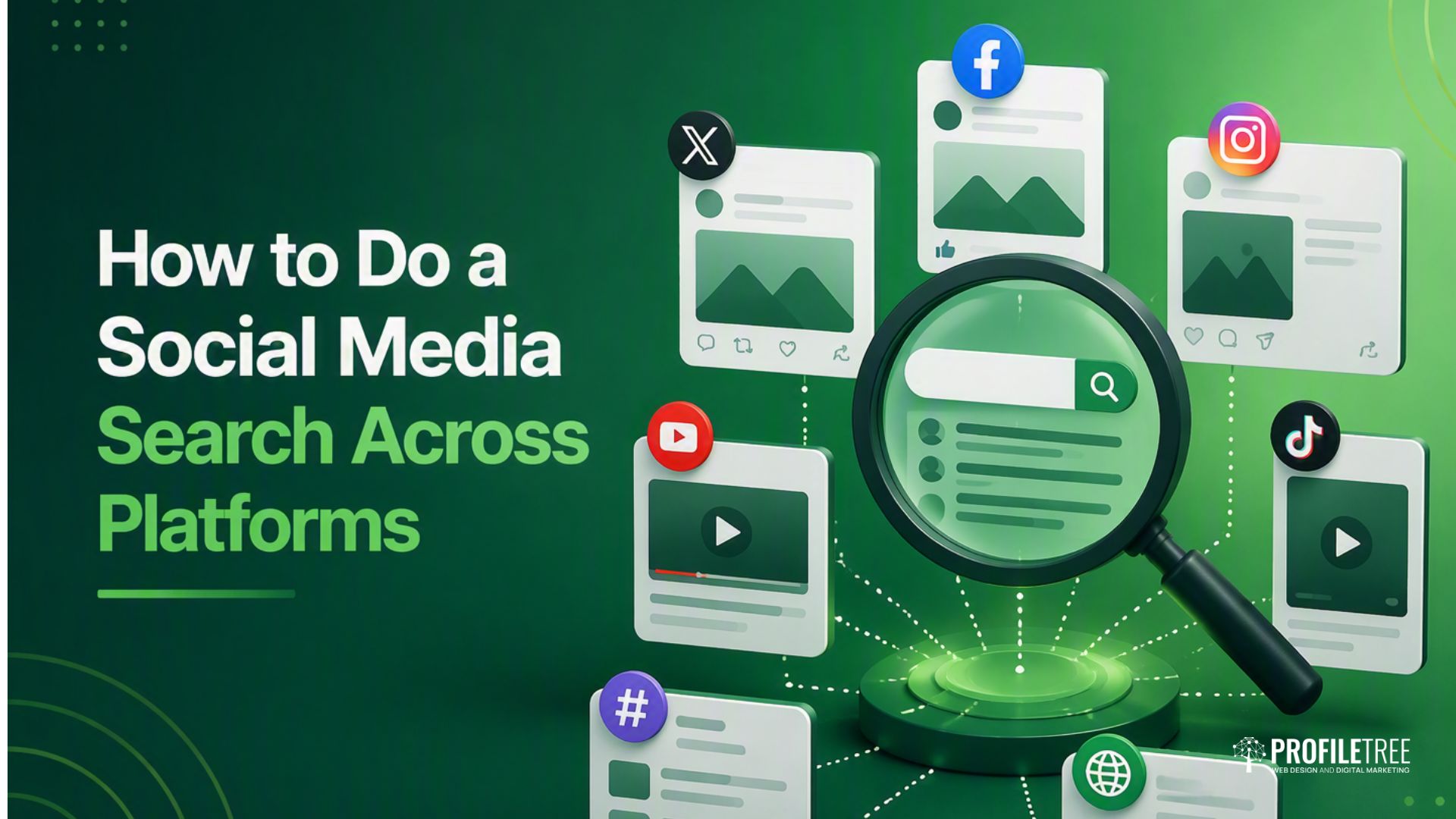Graphic showing How to Do a Social Media Search Across Platforms with a magnifying glass over social media icons like Facebook, X, Instagram, YouTube, and TikTok on a green background—perfect for anyone focused on Marketing or keeping up with the latest in Social Media trends.
