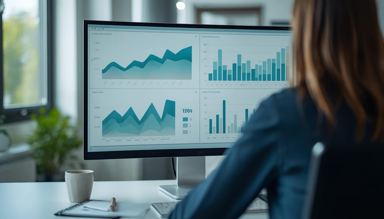 A person sits at a desk, viewing charts and graphs on a large computer monitor in a modern office. A coffee cup is placed nearby. The screen displays social media marketing statistics with line and bar graphs in blue tones.