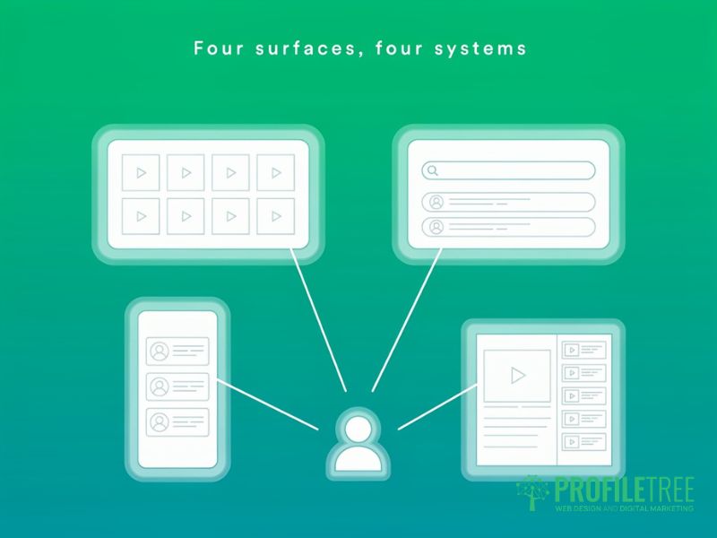 Diagram of the four YouTube algorithm surfaces: homepage, search, suggested videos and the Shorts feed