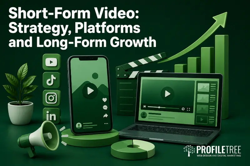 Short-Form Video Strategy, Platforms and Long-Form Growth: A graphic features a phone, laptop, clapperboard, social media icons, and upward green arrows, with the text Short-Form Video: Strategy, Platforms and Long-Form Growth and the ProfileTree logo. The design highlights trends like Short-Form vs Long-Form Video and emphasises platforms such as YouTube Shorts.