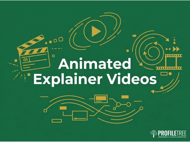 Vector hero graphic for a guide to animated explainer videos, showing a play button and motion lines in gold on dark green.