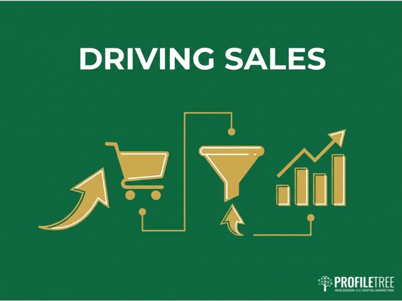Vector graphic on how animated explainer videos drive sales and awareness, with a conversion funnel and rising chart in gold on dark green.