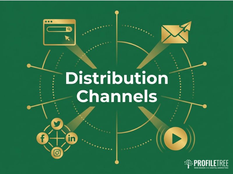 Vector graphic on distributing animated explainer videos across channels, with website, email and social icons in gold on dark green.