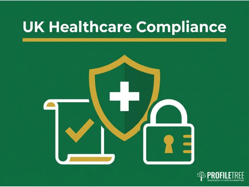 Vector compliance illustration for digital marketing for healthcare showing a shield and data protection icons on a dark green background.