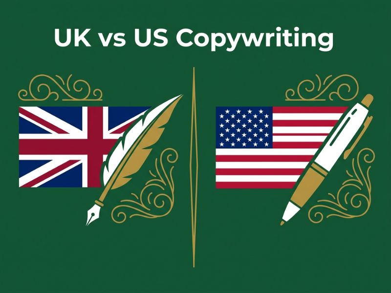UK vs US Copywriting hero illustration showing British and American copywriting styles side by side