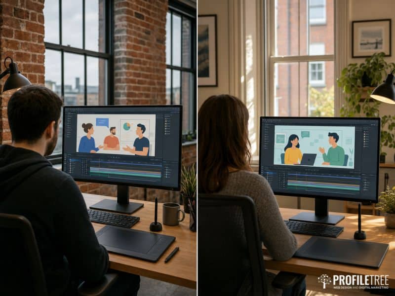 Two corporate animation studios in Belfast and Dublin with animators working on a 2D explainer video at their desks