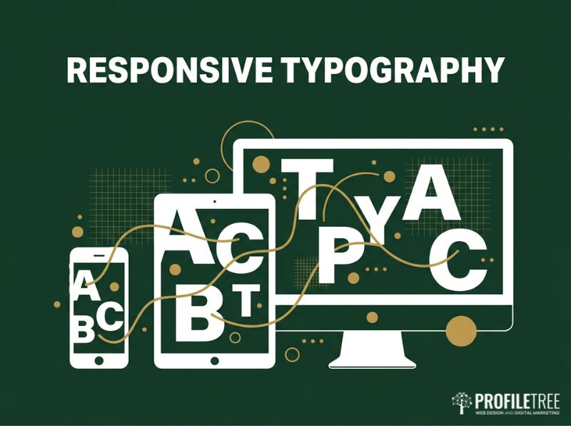 Responsive typography illustration showing text scaling across phone, tablet and desktop screens