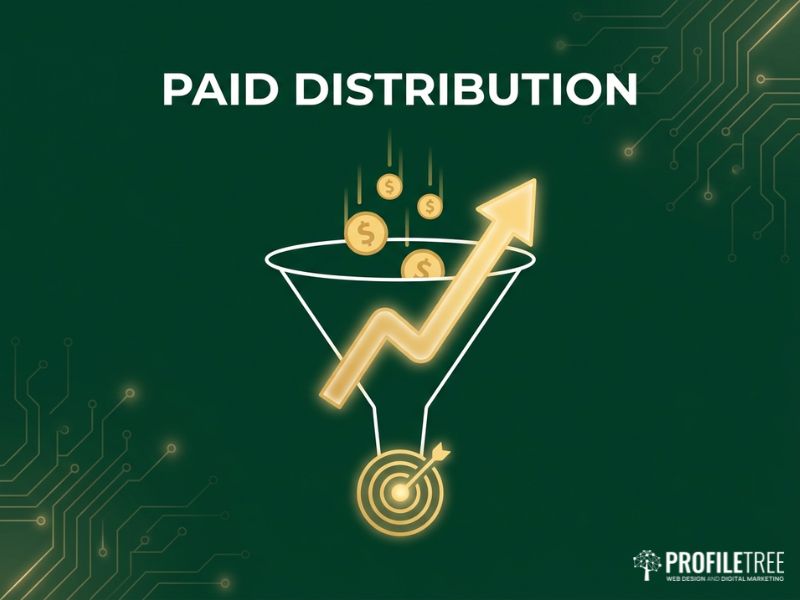 Vector graphic of paid Social Media Distribution showing a gold growth arrow and funnel with coins on dark green.