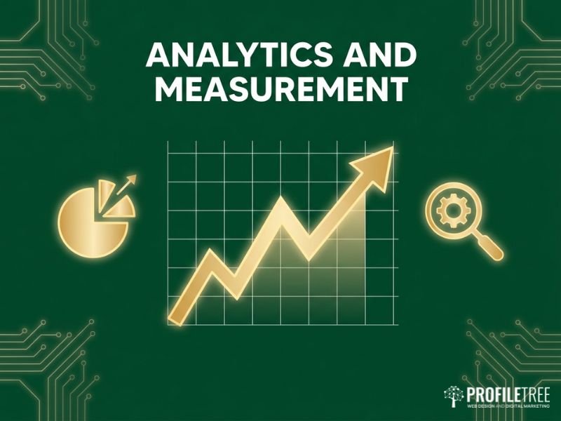 Vector dashboard graphic for measuring Social Media Distribution with a gold rising line graph on dark green.