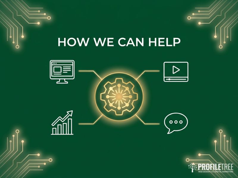 Vector graphic showing agency support for Social Media Distribution with linked gold service icons on dark green.