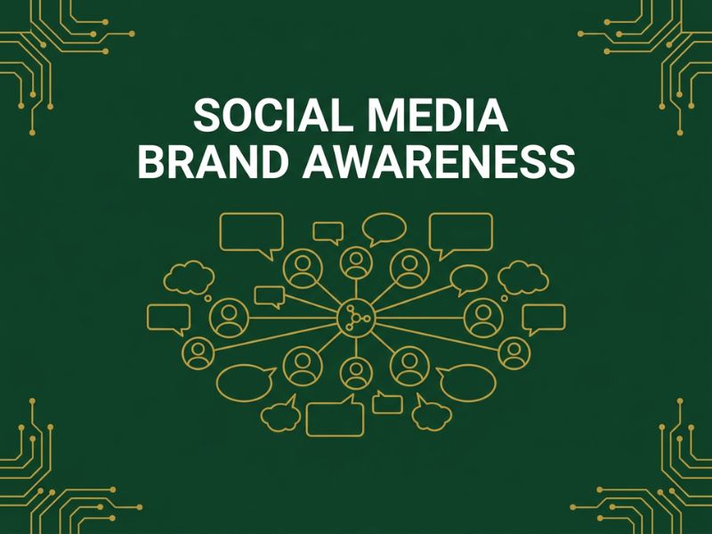ector banner with gold connected-node icons reading Social Media Brand Awareness on a dark green background.