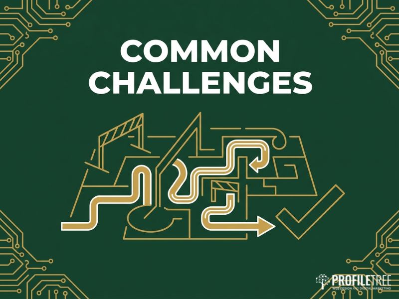 Gold hurdle-and-solution-arrow icon for common Social Media Brand Awareness challenges, dark green vector.