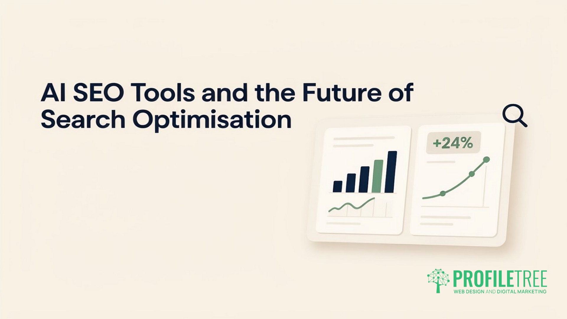 AI SEO Tools and the Future of Search Optimisation. Next to the text are two illustrated charts with upward trends, highlighting how AI SEO Northern Ireland is driving innovative strategies for local businesses. A green ProfileTree logo appears at the bottom right. AI SEO Tools and the Future of Search OptimisationAI SEO Tools and the Future of Search Optimisation