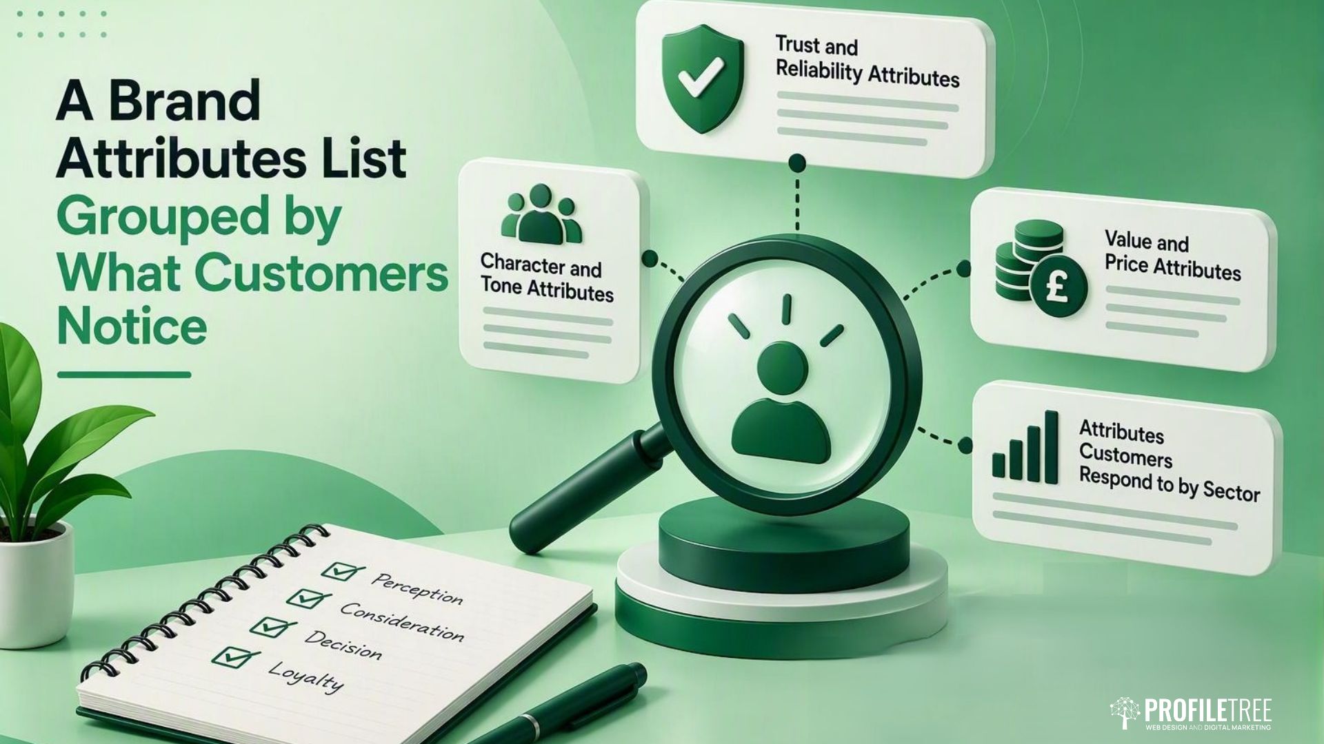 Infographic titled A Brand Attributes List Grouped by What Customers Notice, featuring a magnifying glass centred among icons and text for trust, value, and business character, with a checklist on a notepad below.