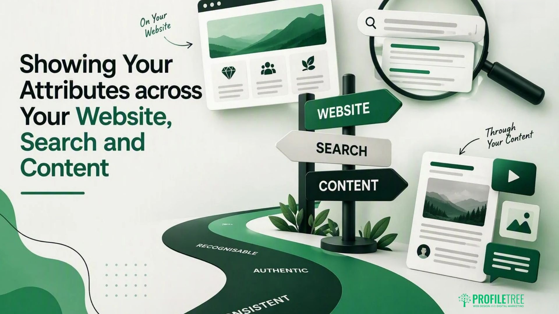Graphic showing a winding path leading to a signpost labelled Website, Search, and Content, with icons representing digital elements that emphasise the importance of showing business brand attributes across a website and content.