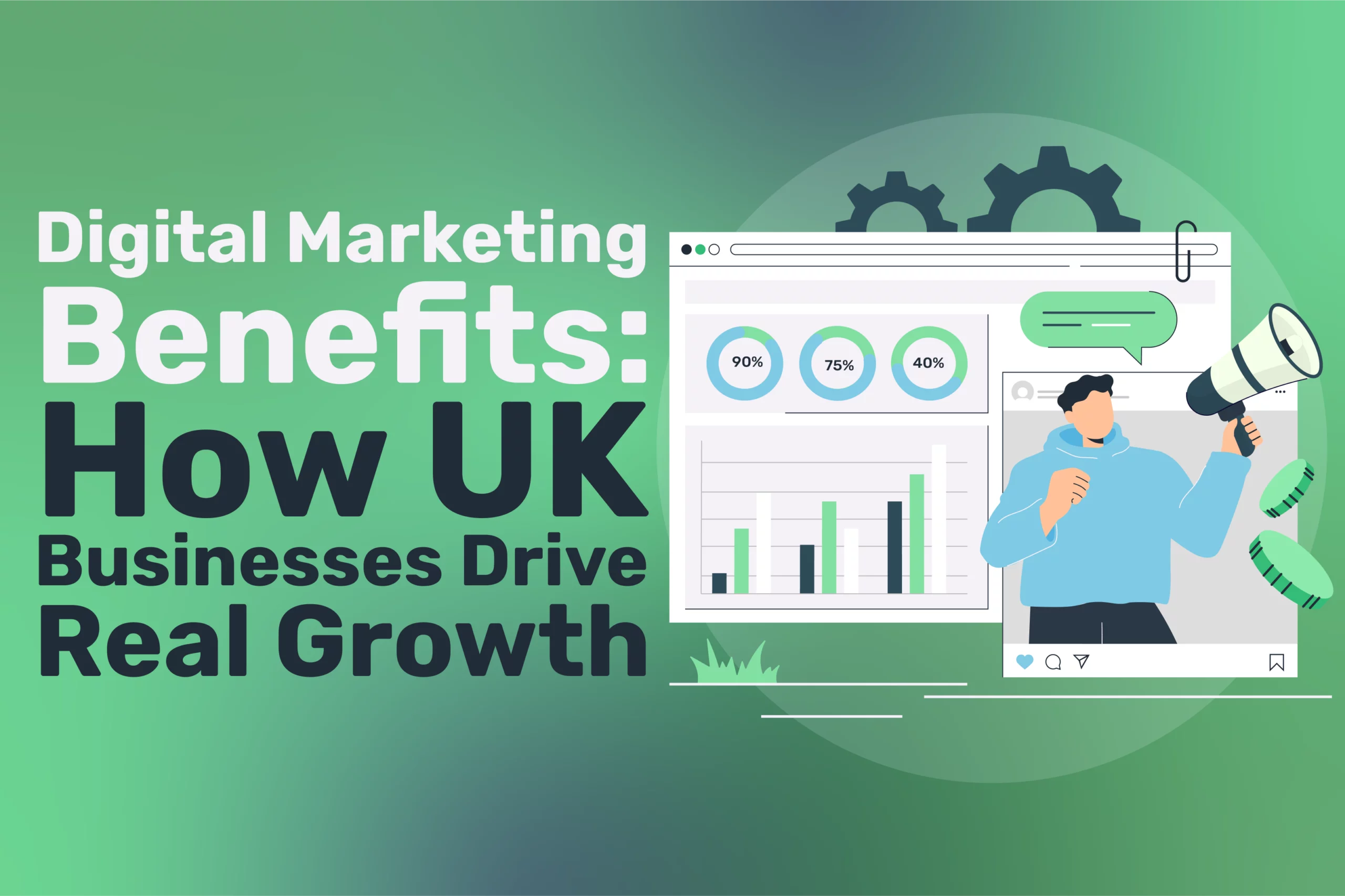 Illustration of a person with a megaphone by digital charts, graph stats, and gears. Text: Digital Marketing Benefits: How UK Businesses Drive Real Growth with effective digital marketing strategies.