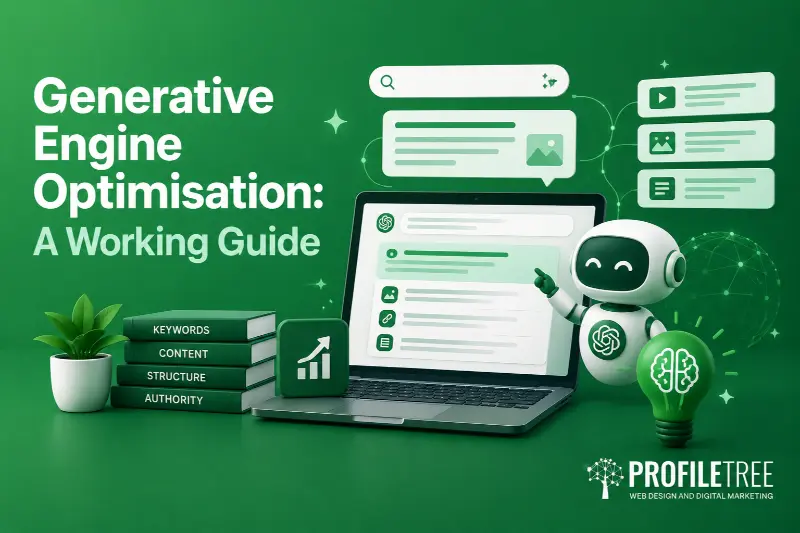 A robot points to a laptop displaying SEO charts, surrounded by books labelled keywords, content, structure, authority, with Generative Engine Optimisation: A Working Guide text on a green background. The scene highlights how SMEs can harness innovative optimisation strategies. ProfileTree logo is at the bottom right.