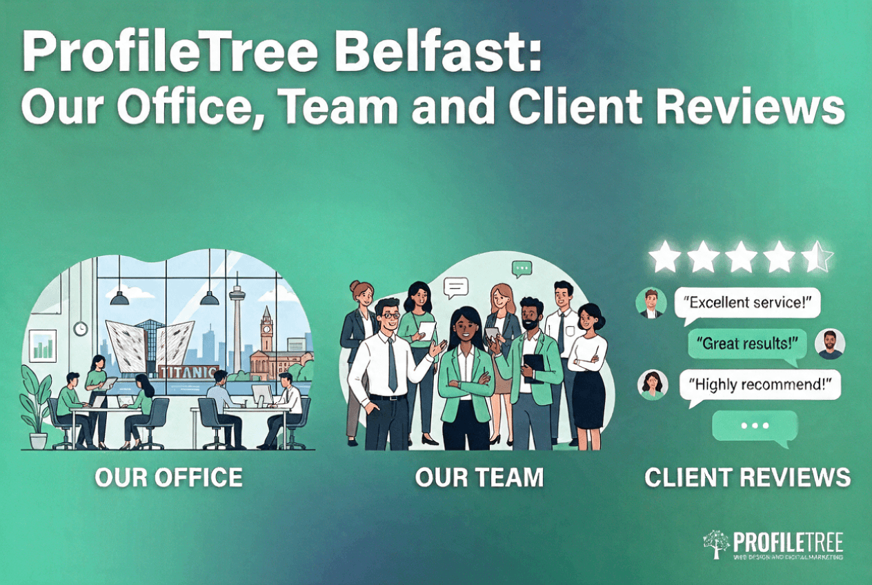 Infographic titled ProfileTree Belfast featuring illustrations of a modern office, a professional team, and five-star client reviews.
