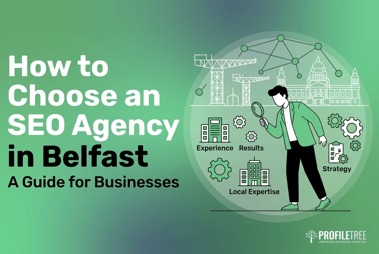 A business-themed graphic with the text How to Choose an SEO Agency Belfast: A Guide for Businesses, plus icons for experience, results, local expertise, and strategy. Belfast landmarks and cranes feature in the background.