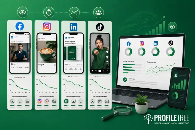 Social Media Attention Span What Business Owners Need to Know: A digital marketing dashboard tracks social media analytics for Facebook, Instagram, LinkedIn, and TikTok, displayed on phones, a laptop, and a tablet. Various graphs and green branding elements help capture users’ attention span with visually engaging insights.