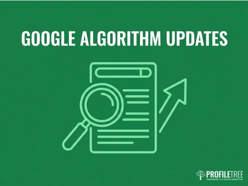 Google Algorithm Updates guide for UK businesses, illustrated with a search and ranking trend icon