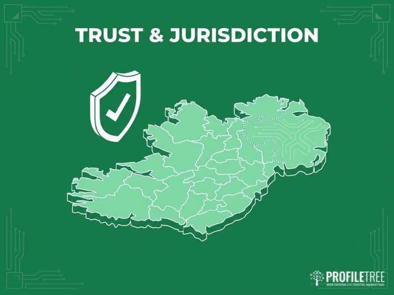 Trust and jurisdictional accuracy in SEO for solicitors, shown with a shield and divided map icon on a dark green background