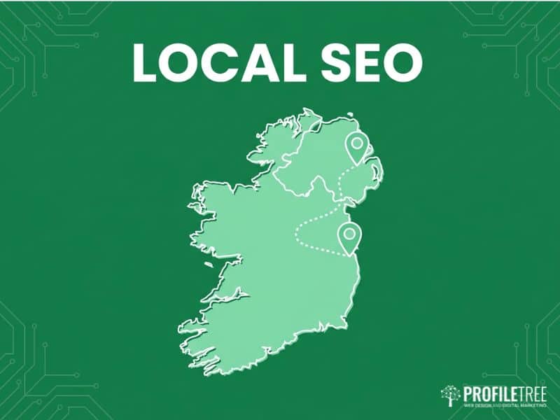 Local SEO for solicitors shown with a Northern Ireland and Ireland map and connected location pins on a dark green background