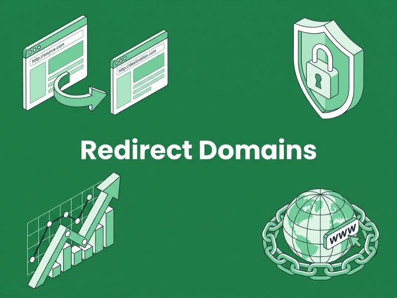 Isometric illustration representing redirect domains with browser, shield, and growth icons