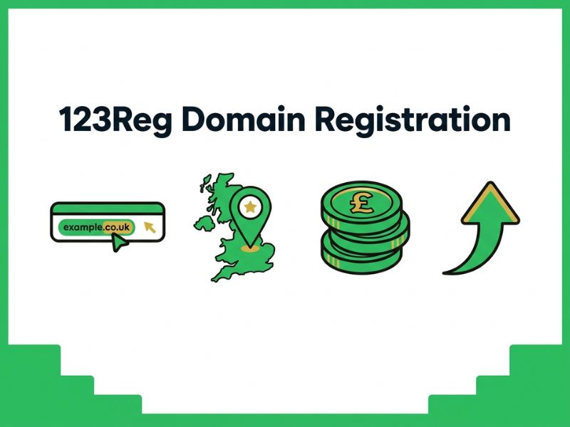 Vector illustration of 123Reg Domain registration for UK businesses with a browser address bar, UK map pin and pound coin.
