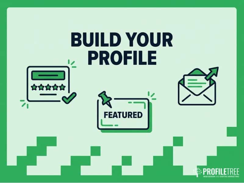 A graphic with the text Build Your Profile above three icons: a review card with stars and a tick, a sign labelled Featured with drawing pins, and an envelope with a letter—ideal for showcasing Business highlights. ProfileTree logo is at the bottom right. What is Linkedin