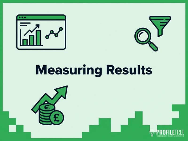 Illustration with business icons—a graph, magnifying glass with funnel, and stacked coins with upward arrow—surrounding the text Measuring Results. ProfileTree logo in the bottom right corner. Ideal for exploring what are LinkedIn analytics.