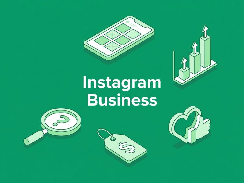 Flat vector graphic on a green background with icons for photos, growth and shopping around the title Instagram Business.