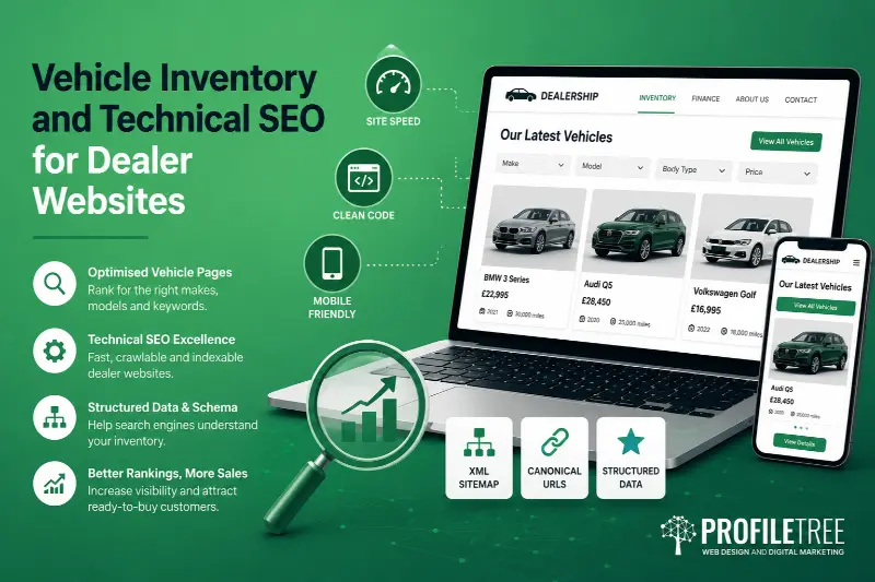 Automotive SEO: Infographic showing technical SEO tips for dealer websites, including speed, clean code, structured data, and mobile-friendliness. Features a laptop and mobile displaying car listings to highlight Automotive SEO best practices, with related SEO icons and brief descriptions tailored for effective car dealer SEO.