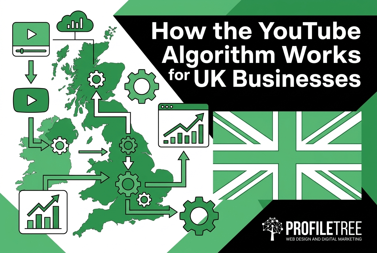 Diagram with UK map, graphs, gears, and arrows, titled How the YouTube Algorithm Works for UK Businesses. Features the UK flag, YouTube Algorithm insights, and ProfileTree Web Design and Digital Marketing logo.