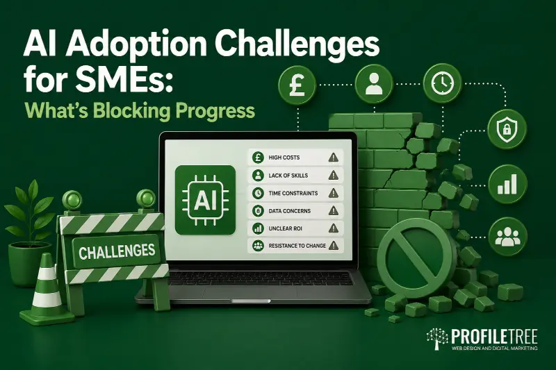 AI Adoption Challenges for SMEs What’s Blocking Progress: A graphic illustrating AI adoption challenges for SMEs, featuring a laptop, broken wall, and icons. Listed challenges include high costs, lack of skills, time constraints, data concerns, unclear ROI from using AI tools, and resistance to change.
