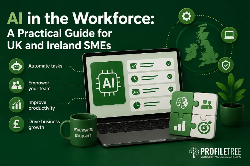 AI in the Workforce, A Practical Guide for UK and Ireland SMEs: Laptop displaying AI graphics, surrounded by icons and items like a mug and puzzle, promoting the benefits of using an AI tool for UK and Ireland SMEs: automate tasks, empower teams, improve productivity, grow business—all whilst staying GDPR compliant.
