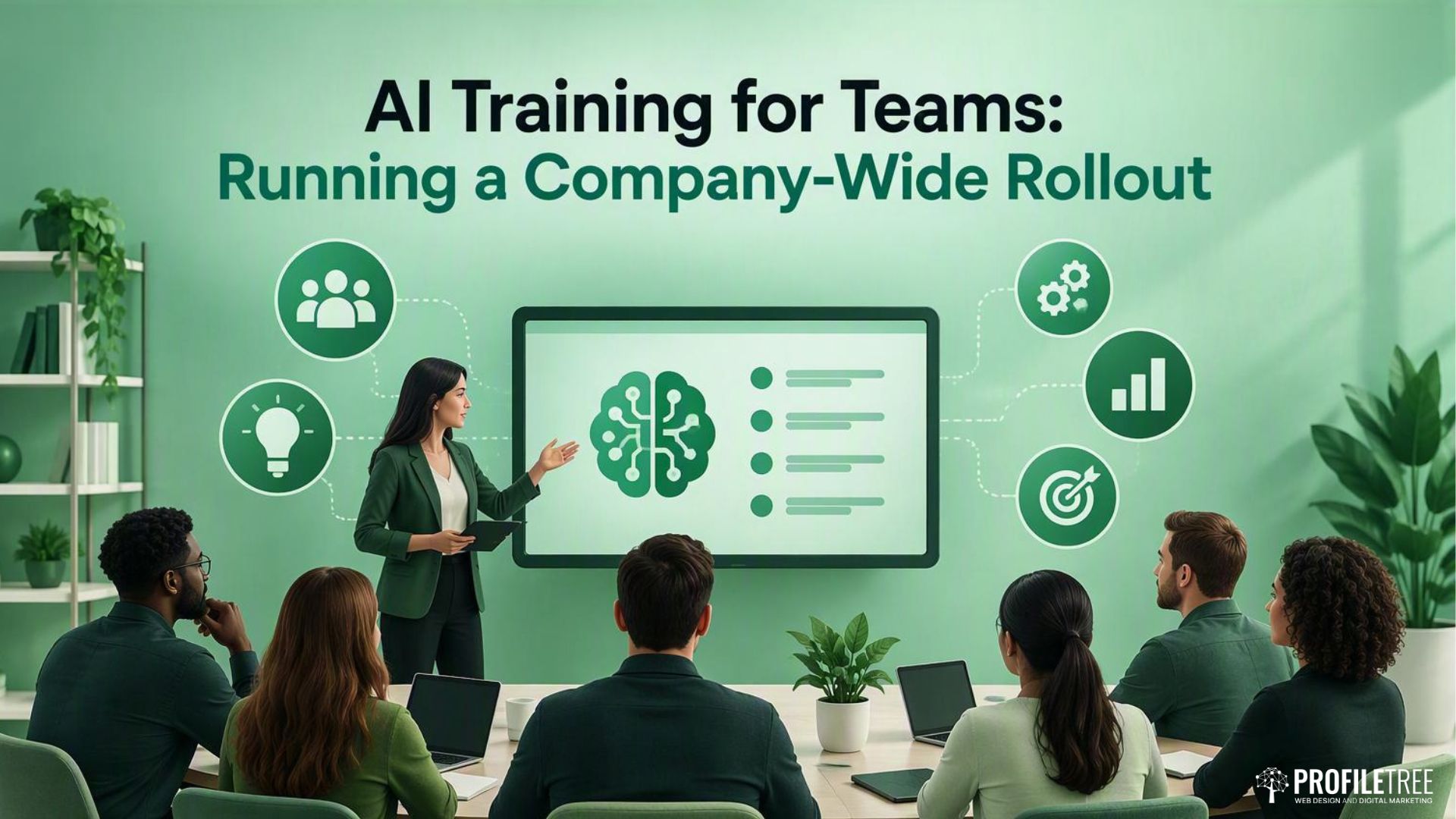 A presenter gestures to a screen displaying an AI brain icon and the text AI Training for Teams: Running a Company-Wide Rollout during an employee meeting.